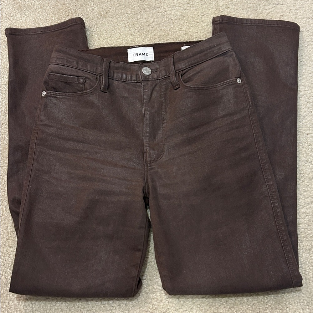 FRAME Le Slyvie Slender Straight Dark Chocolate Pants - Picture 2 of 5